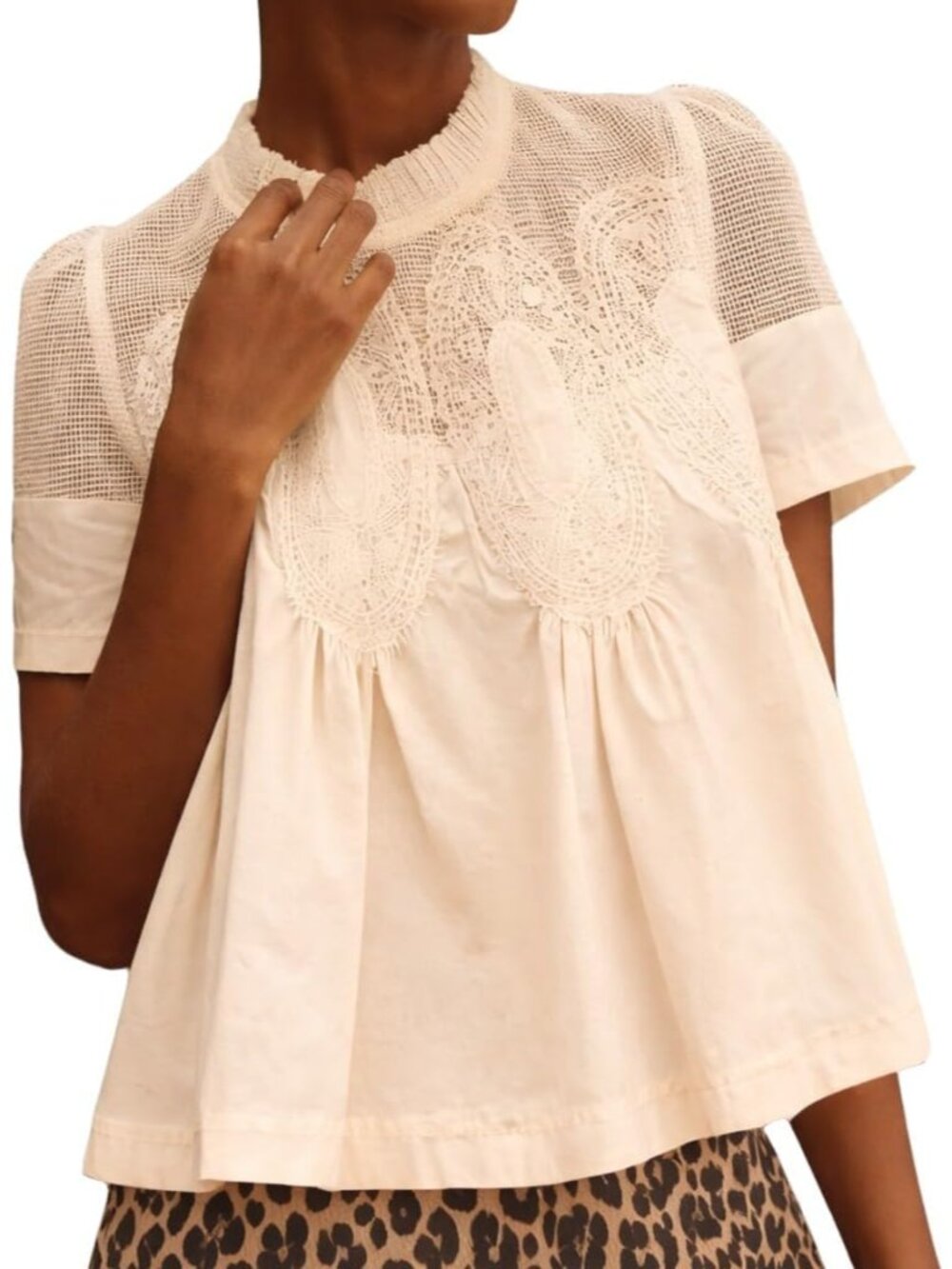 Women Lace-Detail Flared Blouse Short-Sleeve Crew Neck Lace Poplin Mesh Swing To